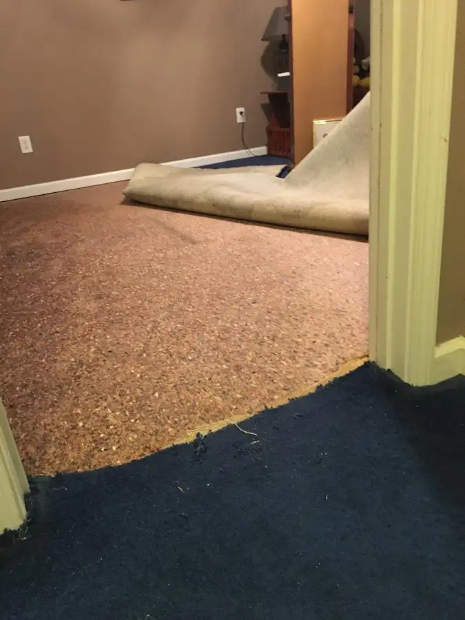 Carpet pad removal revealing water damage during Drying & Dehumidification in Newman